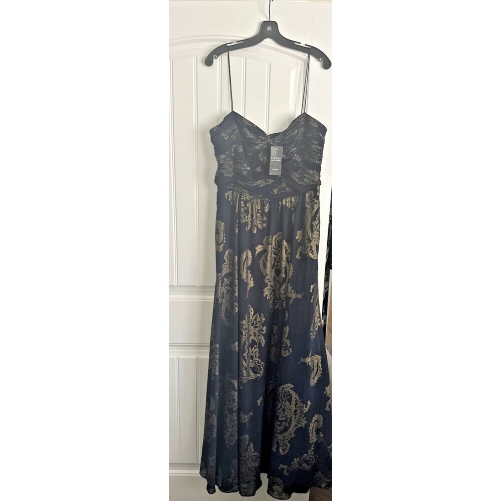 Lauren Ralph Lauren Women's Paisley Foiled Chiffon Sleeveless Gown Dress Navy 12 - Picture 7 of 14